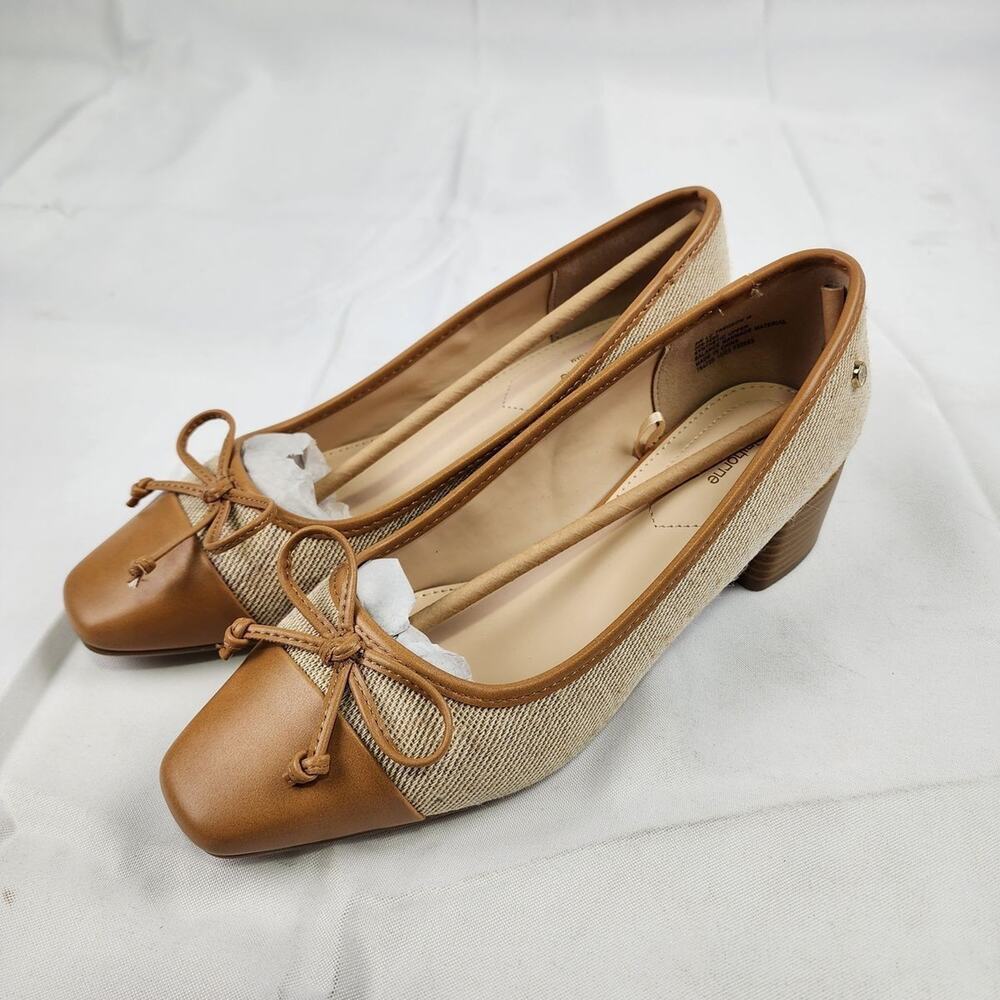 Liz Claiborne Womens Fredson Natural Block Heel Pumps 9W Bow Two Tone